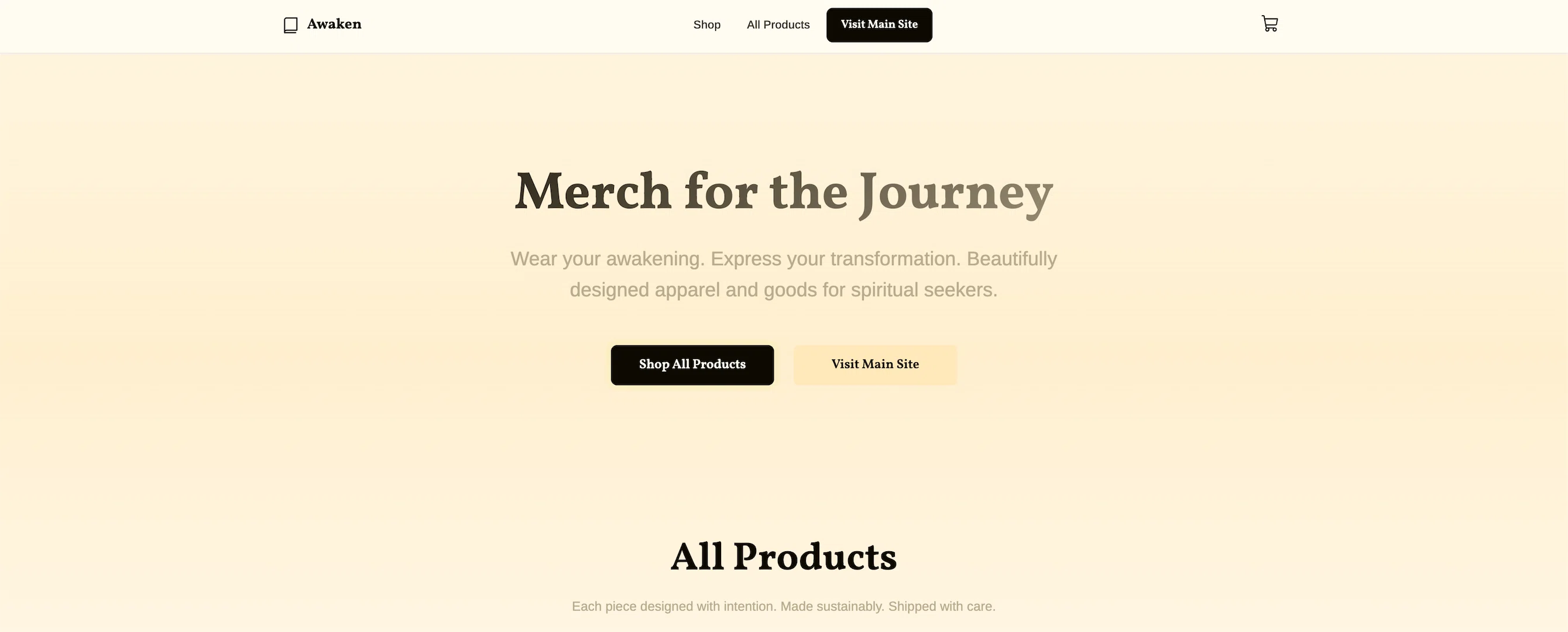 Main Shopify landing page showing custom theme design with warm colors and brand consistency