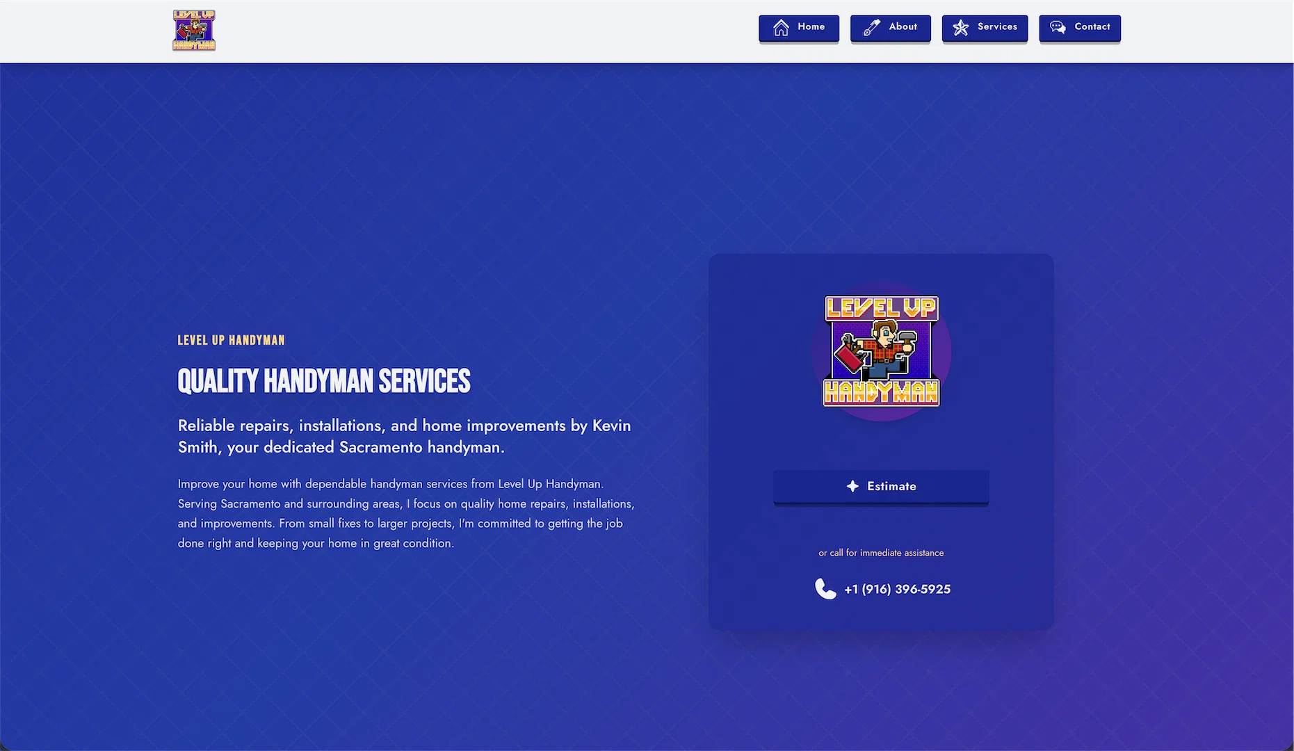 LvlUp Handyman website hero section with bold geometric design and interactive search